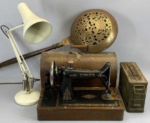 SINGER HAND CRANK SEWING MACHINE - No Y1608119 in case, green painted steel ammunition box,