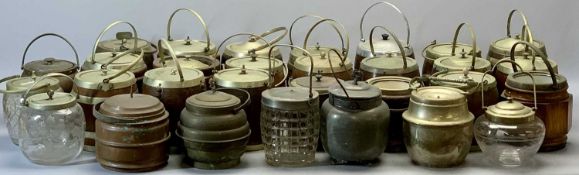 BISCUIT BARRELS - a collection of 20, mainly oak with EPNS mounts, other glass and metal biscuit