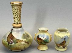 LOCKE & CO WORCESTER VASE - with broad body and reticulated narrow neck, painted with pheasants,