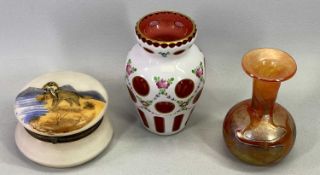 19TH CENTURY BOHEMIAN GLASS OVERLAY VASE - with enamel decoration, glass powder bowl painted with