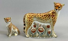 ROYAL CROWN DERBY PAPERWEIGHTS, A PAIR - Cheetah MNV11, 14cms H and, Cheetah Cub, 8cms H, both