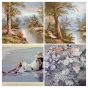 ACRYLIC OIL PAINTINGS ON BOARD, A PAIR - continental river views with trees, unsigned, 39.5 x 49.