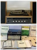 HITACHI AMBIOPHONIC SYSTEM FM STEREO RECORD PLAYER with speakers and various LP records, song books,