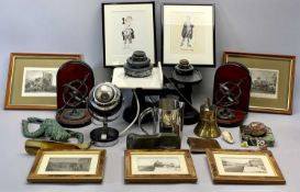 METAL SCALES with white ceramic head and metal weights, a pair of contemporary Armillary bookends,