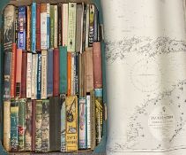 BOOKS - a large collection of Sea Charts of the World and two boxes of vintage hard back and soft