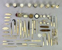 ANTIQUE BONE, MOTHER OF PEARL & OTHER SEWING IMPLEMENTS, needlework goods and button hooks, etc,