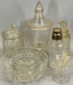 MIXED GLASSWARE - cut glass ice bucket, 14.5cms diameter, cut glass cocktail shaker with plated