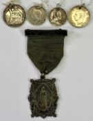SILVER COIN NECKLACES (4) and a circa 1910 commemorative badge, to include a Hong Kong 5 cents,