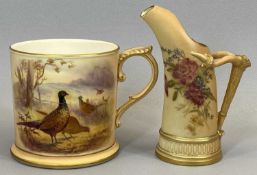 ROYAL WORCESTER BLUSH IVORY TANKARD - painted with pheasants and flowers and with acanthus capped,