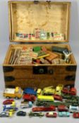 VINTAGE METAL BOUND PINE TOY BOX containing wooden building blocks, collectable scale model