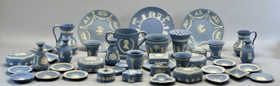 WEDGWOOD LIGHT BLUE JASPER CAMEO WARE including a commemorative two-handled loving cup, 13.5cms H, a