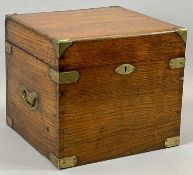 AN OAK BRASS BOUND TRAVELLING BOTTLE CHEST - with folding brass side handle, the hinged cover