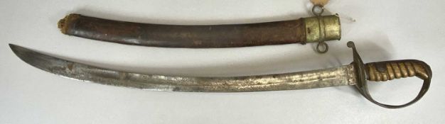 19TH CENTURY SABRE - with 75cms fullered blade, ribbed wooden handle with leather and metal sheath
