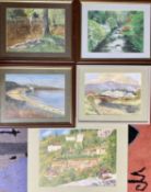 MAVIS GWILLIAM (5) titled verso 'Beach at Penrhos', 21.5 x 29cms, watercolour - Bridge over River,