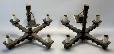 RUSTIC BEECH PENDANT CEILING LIGHT FITTINGS, A PAIR - with four arms and twist turned columns, 44cms