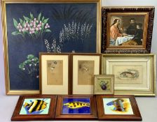 JAPANESE FLORAL PAINTING ON FABRIC - 51.5cms sq, 19th century hand coloured engraving by W H