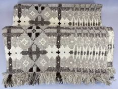 TRADITIONAL WELSH WOOLLEN BLANKET - Brynkir, tassel ends, cream ground with grey, 266 x 150cms