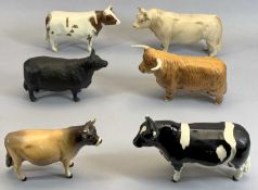 BESWICK CATTLE GROUP OF 6 - Ayrshire bull, Champion Whitehill Mandate, Charolais bull, Highland