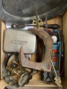 ANTIQUE & VINTAGE METALWARE - a brass two-handled skillet, 36cms diameter, a brass skillet with