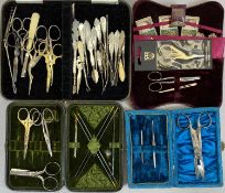 SEWING ACCESSORIES & CASES including mother of pearl handled button hooks, steel scissors, darning
