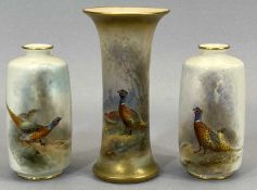 ROYAL WORCESTER IVORY SPILL VASE - painted with pheasants and signed 'James Stinton', green mark