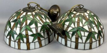 PENDANT CEILING LIGHT FITTINGS, A PAIR - with Tiffany style leaded circular shades, 37cms