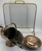 COPPER HELMET SHAPED COAL SCUTTLE with swing handle, 19th century, 39 x 45 x 25cms, steel tongs