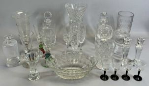 SQUARE CUT GLASS DECANTERS & STOPPERS, A PAIR, 25cms H, cut glass celery vase, 22.5cms H, set of