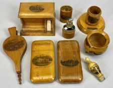 LATE 19TH CENTURY MAUCHLINE WARE - 8 pieces to include two cigar holders, bellows, whistle, cauldron