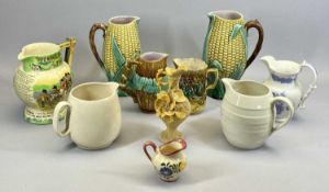 GRADUATED MAJOLICA 'SWEETCORN' JUGS (2) - 25cms and 22cms, a Crown Devon Widdicombe Fair jug,