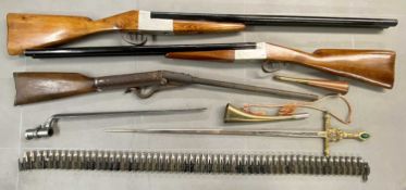 CHILD`S VINTAGE AIR RIFLE, 86cms overall, two replica shotguns with painted copper barrels, wooden