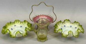 VICTORIAN GLASSWARE - a pair of Vaseline and Green glass circular dishes with crimped rims, 17.