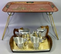 PIQUOT/NEW MAID 4 PIECE TEA SERVICE WITH ASSOCIATED TRAY and a tin ware folding bed tray decorated