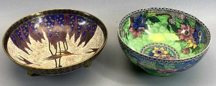 CARLTON SHALLOW 'TREE & SWALLOW DISH' - on three scrolled gilt supports (old repair to one), 25cms