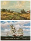 P DAVIS 20th Century oil on canvas - fighting sailing war ships, signed lower right, 59.5 x 90cms