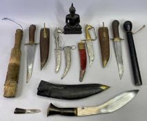 A GURKA KUKRI KNIFE - 28cms blade, in leather scabbard, two decorative knives with horse head