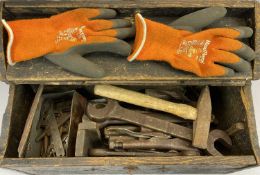 VINTAGE WOODEN TOOLBOX - containing vintage hand tools, spanners, ETC