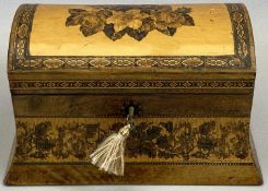 VICTORIAN TUNBRIDGE WARE TEA CADDY - of domed sarcophagus form decorated with bands of geometric