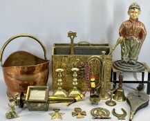 VICTORIAN BRASS CANDLESTICKS, A PAIR, 17cms H, Victorian brass and steel trivets, 15cms H, 23cms