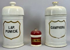 PORCELAIN PHARMACIST JARS - 19th Century, cream glazed with domed covers and gilded outlines for