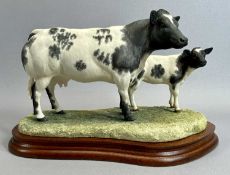 BORDER FINE ARTS FIGURE - Belgian blue cow/calf, B0590, on wooden stand, 18cms H, with certificate