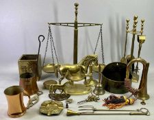 HEAVY CAST BRASS HORSE FIGURE, 23cms H, 26cms L, 13cms W, reproduction copper bugle, a set of