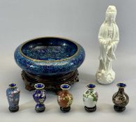 CIRCULAR CHINESE CLOISONNE BOWL - 20th century, blue ground and decorated with chrysanthemums on