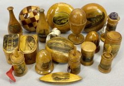 19TH CENTURY MAUCHLINE WARE SEWING ACCESSORIES including darning bobbins, thimble holders and tape