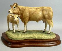 BORDER FINE ARTS GROUP - Blonde D'aquitaine Cow and Calf, B0353, on wooden stand, 18cms H, boxed