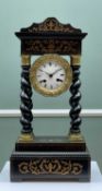 FRENCH EBONISED PORTICO CLOCK, late 19th Century, inlaid case with four barleytwist columns