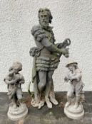 METAL GARDEN ORNAMENTS: comprising standing figure of Elizabethan courtier with anchor, probably
