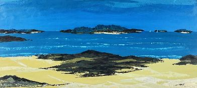 ‡ RAY EVANS acrylic on paper - coastal scene with sailing boats, signed and dated 3/66, 32 x