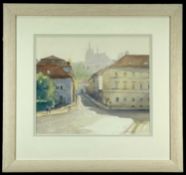 ‡ JONATHAN TAYLOR (British, b. 1962) watercolour - street scene with figures entitled verso 'Malá