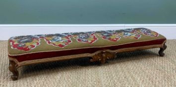 VICTORIAN WALNUT & BEADED WOOLWORK LONG STOOL, angled, with carved central barcket, short cabriole